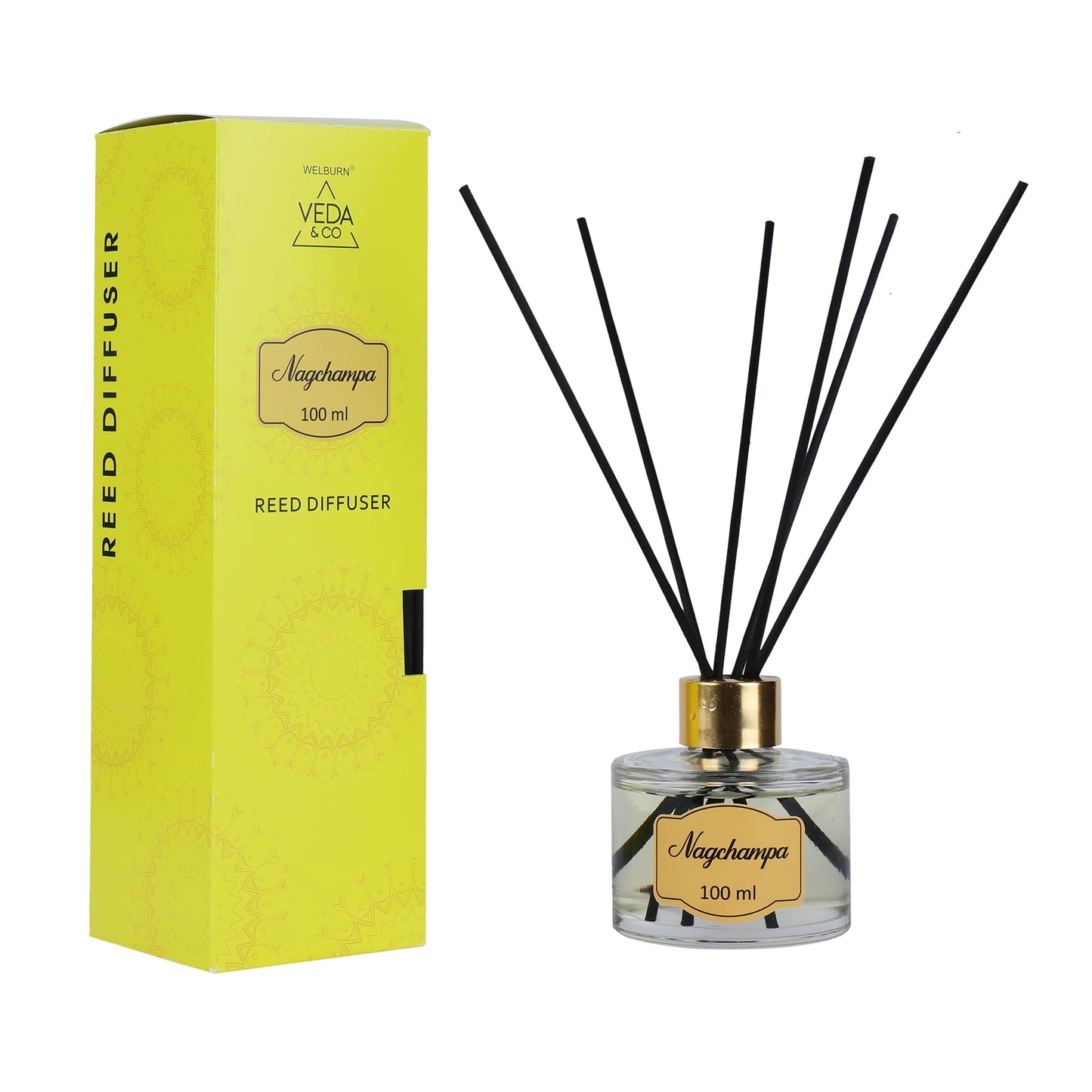 Welburn Veda&Co® Nagchampa Scented Reed Diffuser – 100ml | Includes 6 Free Reeds | Ready-to-Use Oil Blend | Fragrance That Inspires Positivity | Home & Office Décor