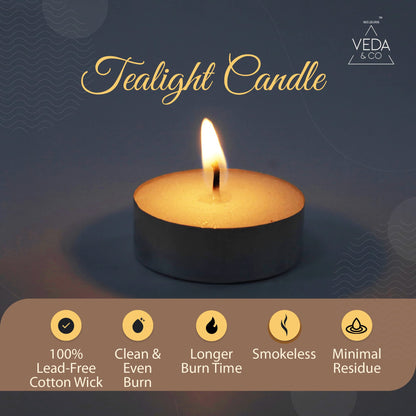 Welburn Veda&Co® Wax Unscented Tealight Candles Pack of 50 for Diwali Decoration | Burn Upto 4 Hour | Paraffin Free & Smokeless | Candles for Home Decor, Office & Special Occasions