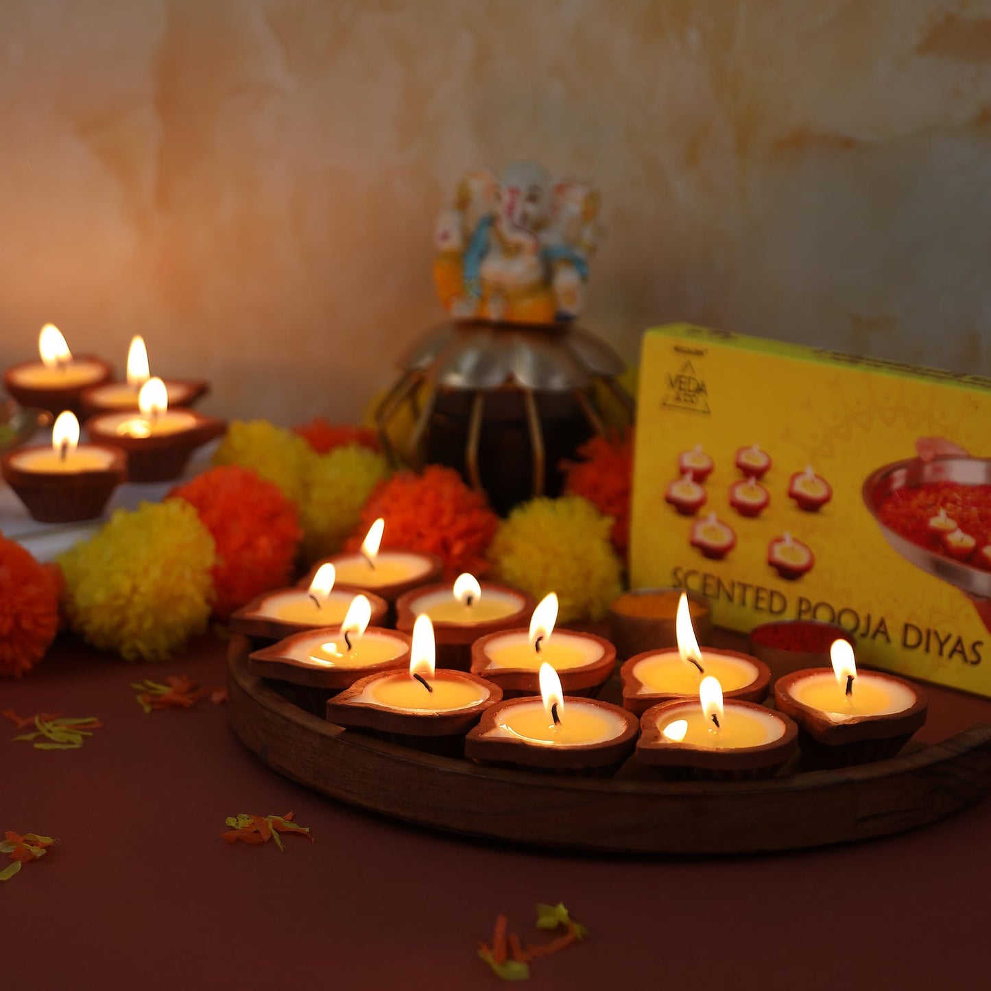 Welburn Veda&Co® Nagchampa Scented Diya for Puja (10 Pieces), Clay Diya Batti with Cotton Wick, Upto 3hrs Burning Time, Ghee Blended Ready to Use Diyas, Premium Puja Fragrance -Scented Puja Diya