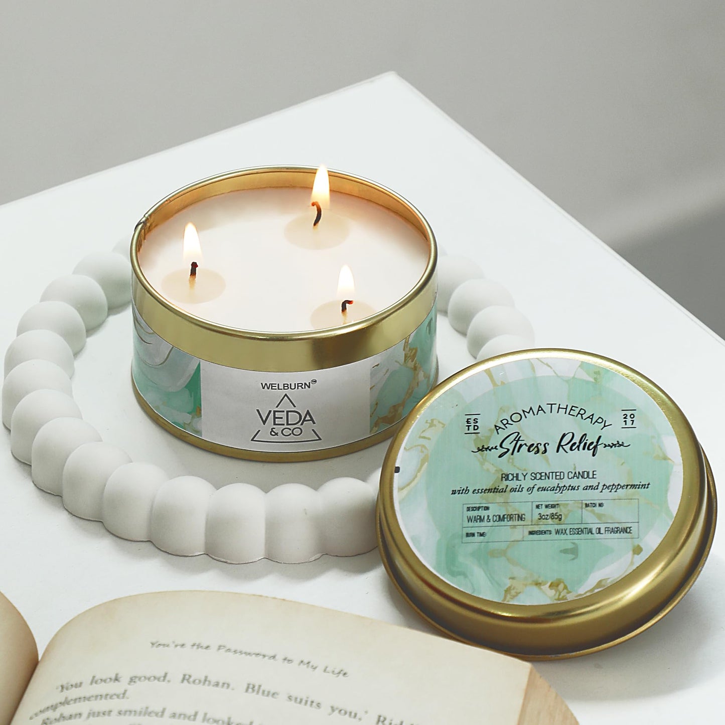Welburn Veda&Co® Scented Wax Candle – Stress Relief | Aromatherapy Travel Tin Candle | 100% Natural Soy Wax | Relaxing Stress-Relieving Fragrance | 15 Hours Burn Time | 85gm Travel Candle
