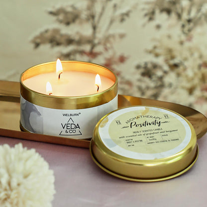 Welburn Veda&Co® Scented Wax Candle – Induces Positivity | Aromatherapy Travel Tin Candle for Home Décor & Relaxation | 100% Soy Wax | Long-Lasting 15 Hours Burn Time | 85gm Portable Jar Candle