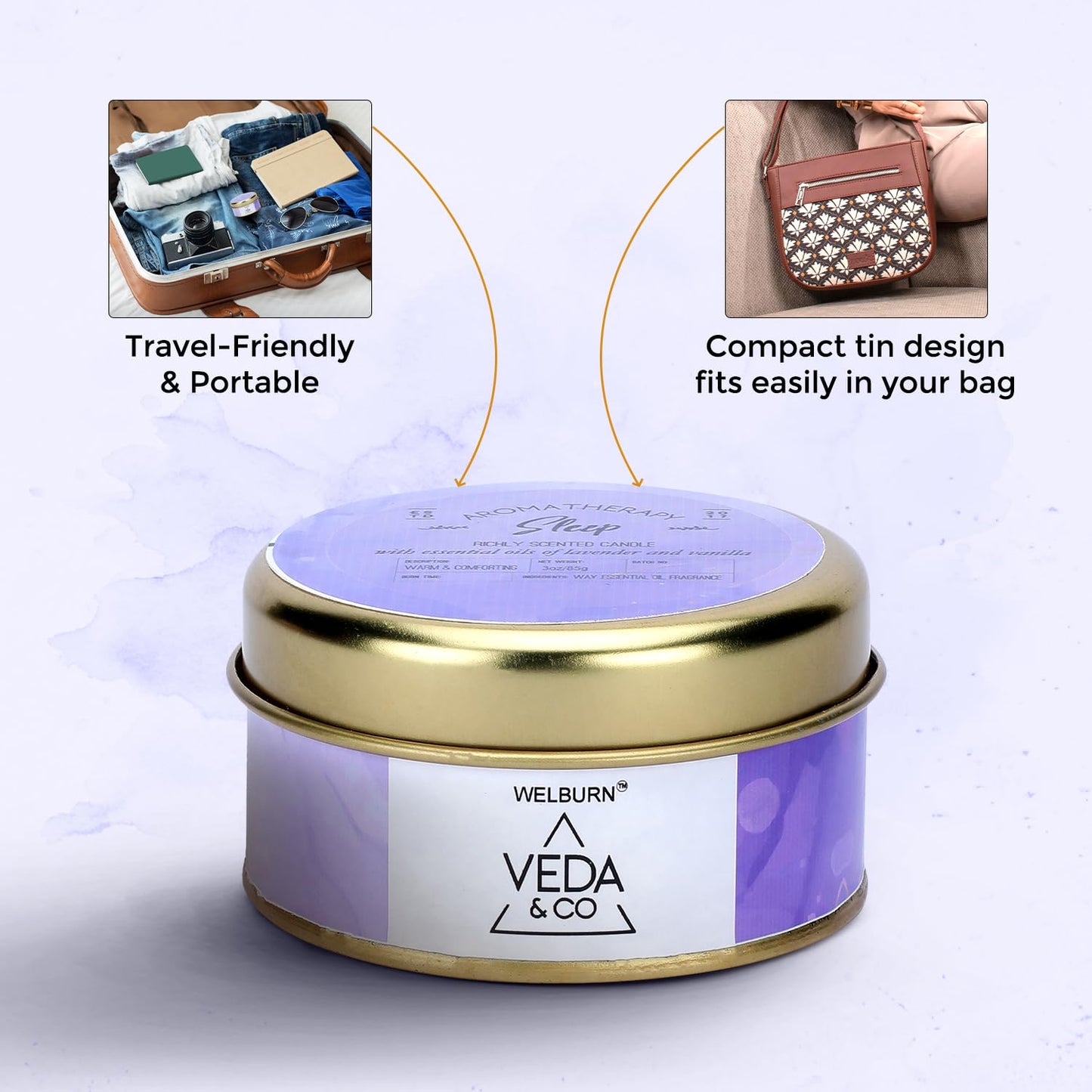 Welburn Veda&Co® Scented Wax Candle (85gm, 15 Hr Burn Time) | Aromatherapy Travel Tin Candle | Soy Wax | Induces Sleep & Relaxation | Stress Relief Candle for Bedroom, Meditation & Home Décor