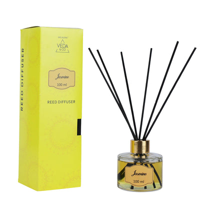 Welburn Veda&Co® Jasmine Scented Reed Diffuser – 100ml | Includes 6 Free Reeds | Ready-to-Use Oil Blend | Fragrance That Inspires Positivity | Home & Office Décor