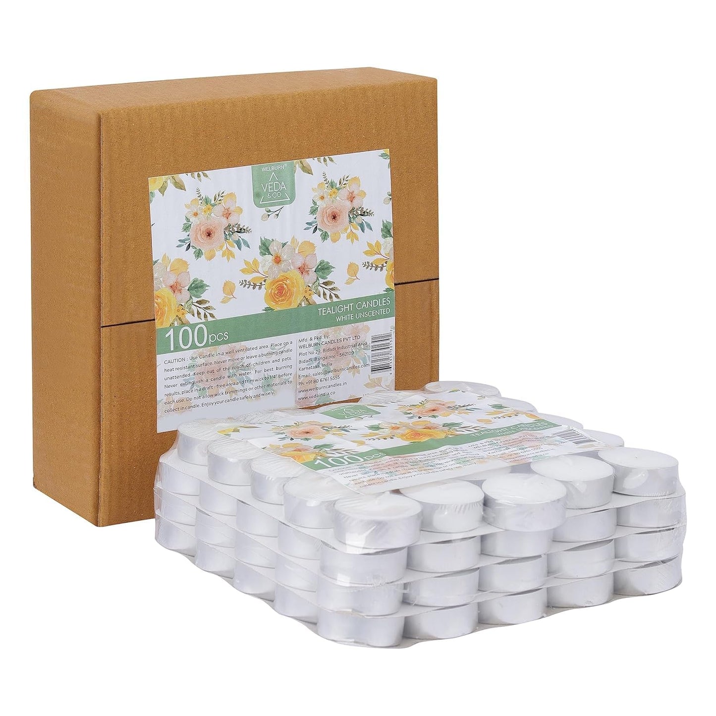 Welburn Veda&Co® Wax Unscented Tealight Candles Pack of 100 for Diwali Decoration | Long Burning | Paraffin Free & Smokeless | Candles for Home Decor, Offices, Dining & Special Occasions