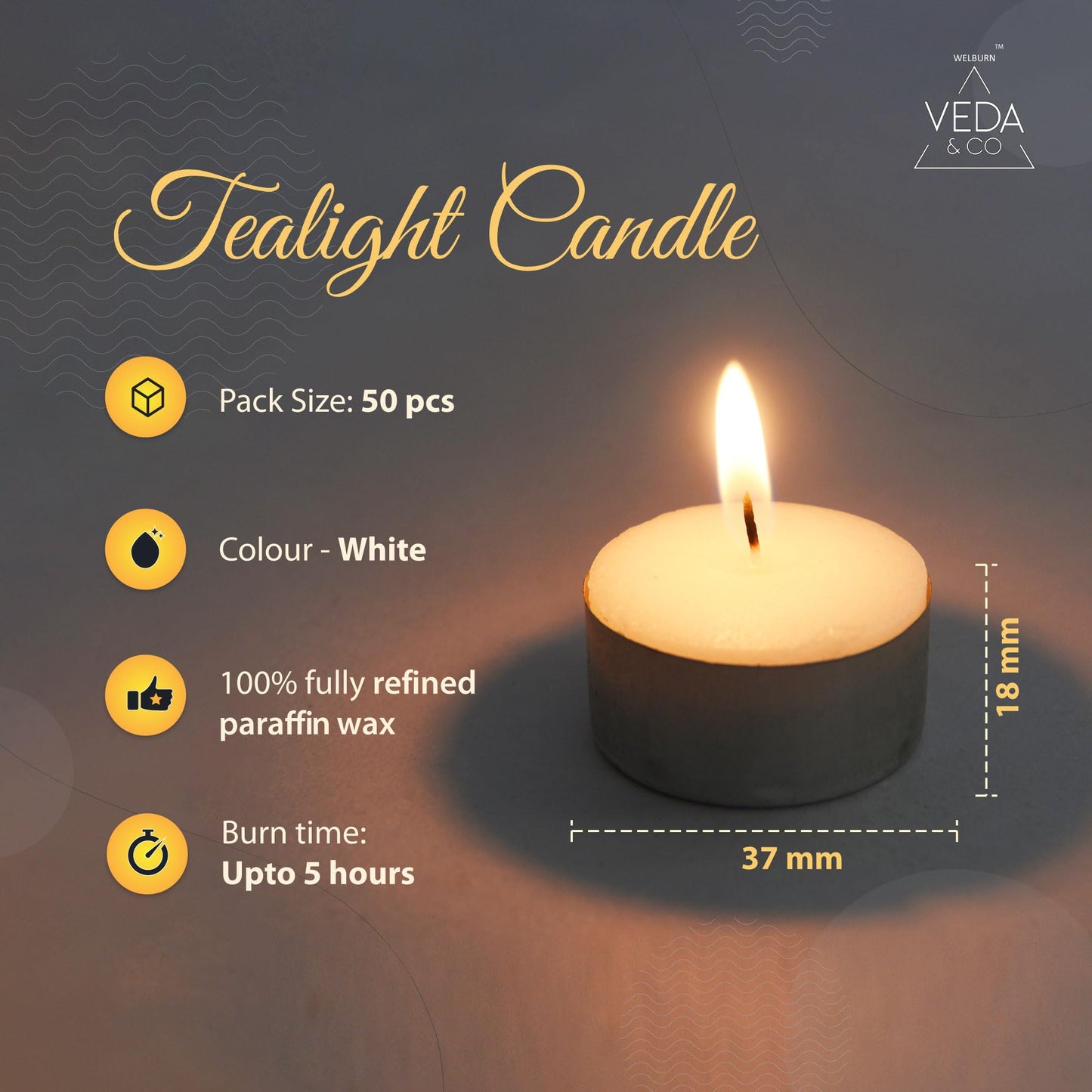 Welburn Veda&Co® Wax Unscented Tealight Candles Pack of 50 for Diwali Decoration | 5 Hours Burning Time | Paraffin Free & Smokeless | Candles for Home Decor, Offices & Special Occasions