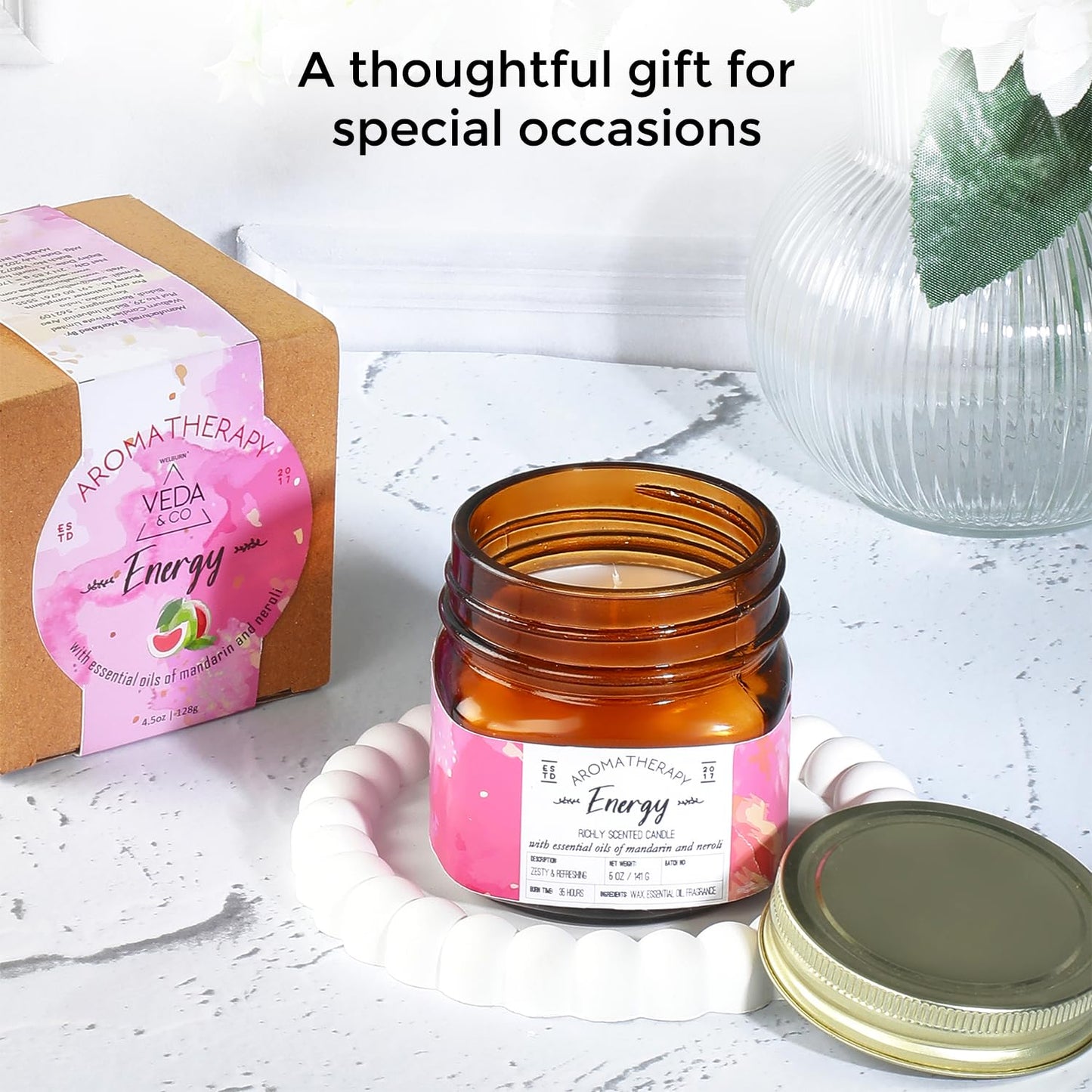 Welburn Veda&Co® Scented Wax Candle - Energy | Aromatherapy Jar Candle for Home Decor | Enhance Your Mood | Enhance Your Space with Soothing Scents (35 Hours Burn Time, 141gm),