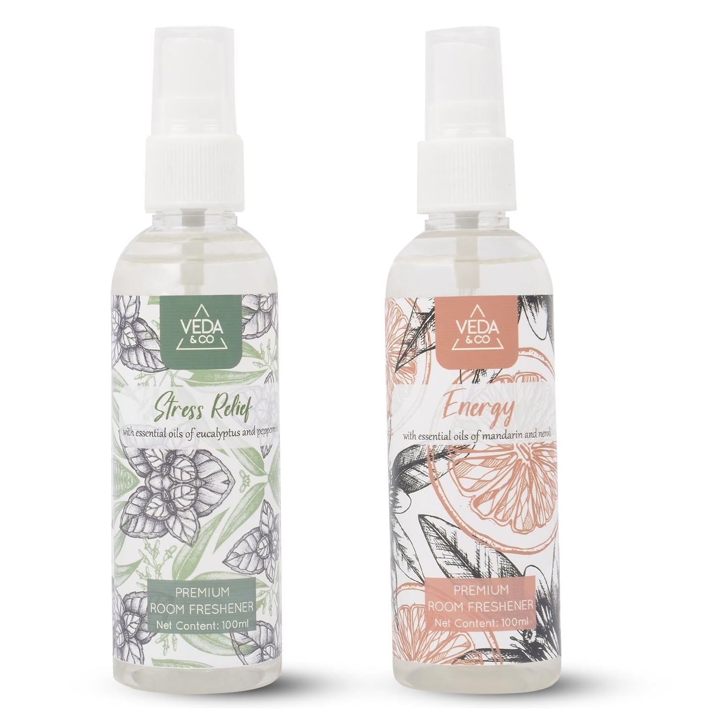 Welburn Veda&Co® Aromatherapy Room Freshener – Combo Pack of 2 (100ml Each) | Energizing & Stress Relief Spray | Long-Lasting Air Freshener for Home, Office, Meditation, Yoga & Daily Use