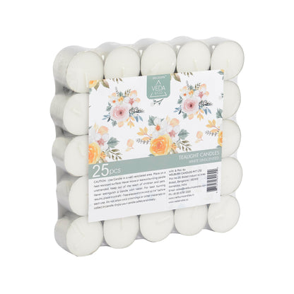 Welburn Veda&Co® Wax Unscented Tealight Candles Pack of 25 for Diwali Decoration | 8 Hours Burning Time | Paraffin Free & Smokeless | Candles for Home Decor, Offices& Special Occasions