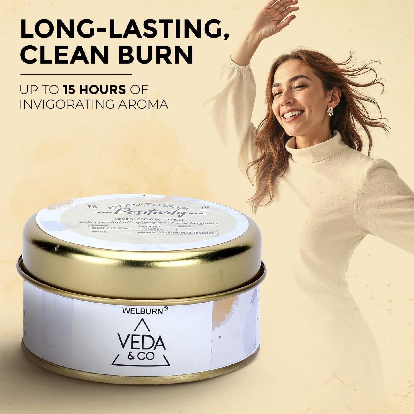 Welburn Veda&Co® Scented Wax Candle – Induces Positivity | Aromatherapy Travel Tin Candle for Home Décor & Relaxation | 100% Soy Wax | Long-Lasting 15 Hours Burn Time | 85gm Portable Jar Candle