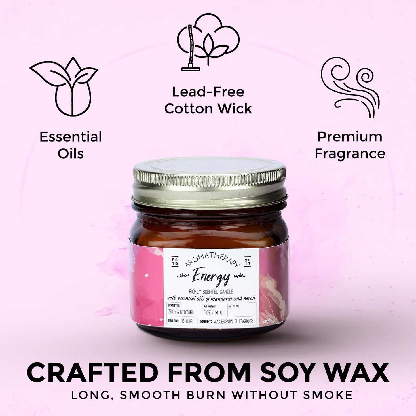 Welburn Veda&Co® Scented Wax Candle - Energy | Aromatherapy Jar Candle for Home Decor | Enhance Your Mood | Enhance Your Space with Soothing Scents (35 Hours Burn Time, 141gm),