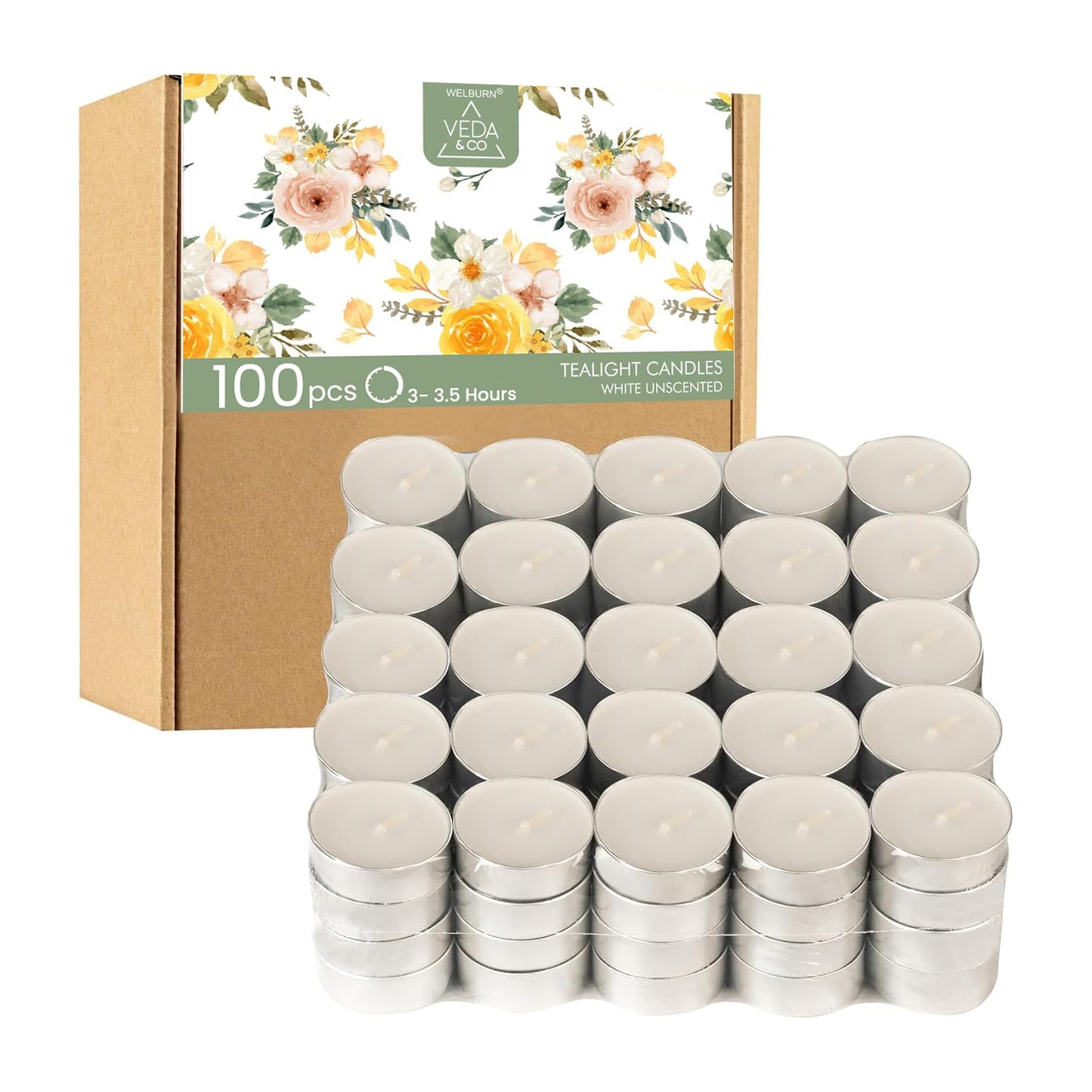 Welburn Veda&Co® Wax Tealight Candles for Home Decor, Offices,Parties,Dining & Special Occasions | Pack of 100-Unscented | 100% Fully Refined Paraffin Wax & Smokeless | Burns Upto 3 Hours (White)