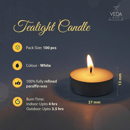 Welburn Veda&Co® Wax Unscented Tealight Candles Pack of 100 for Diwali Decoration | Burning Time Upto 4 Hours | Paraffin Free & Smokeless | Candles for Home Decor, Offices & Special Occasions