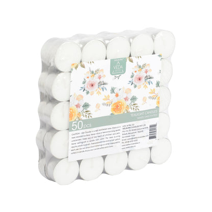 Welburn Veda&Co® Wax Unscented Tealight Candles Pack of 50 for Diwali Decoration | 5 Hours Burning Time | Paraffin Free & Smokeless | Candles for Home Decor, Offices & Special Occasions