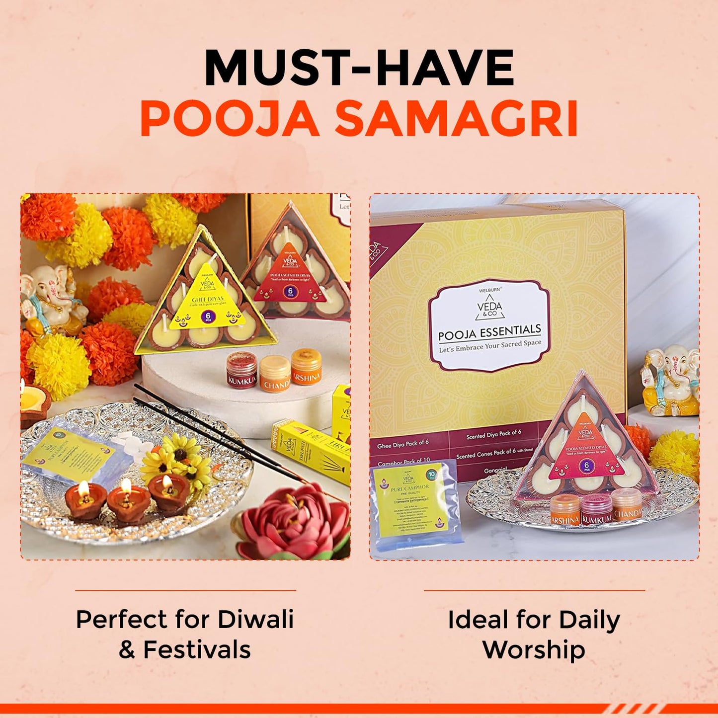 Welburn Veda&Co® Pooja Essentials Set | Diwali Pooja Samagri Kit | Combo for Deepawali | Spiritual Fragrance Diya & Agarbatti, Cones, Haldi, Kumkum, Chandan, Pooja Room Spray & Gangajal