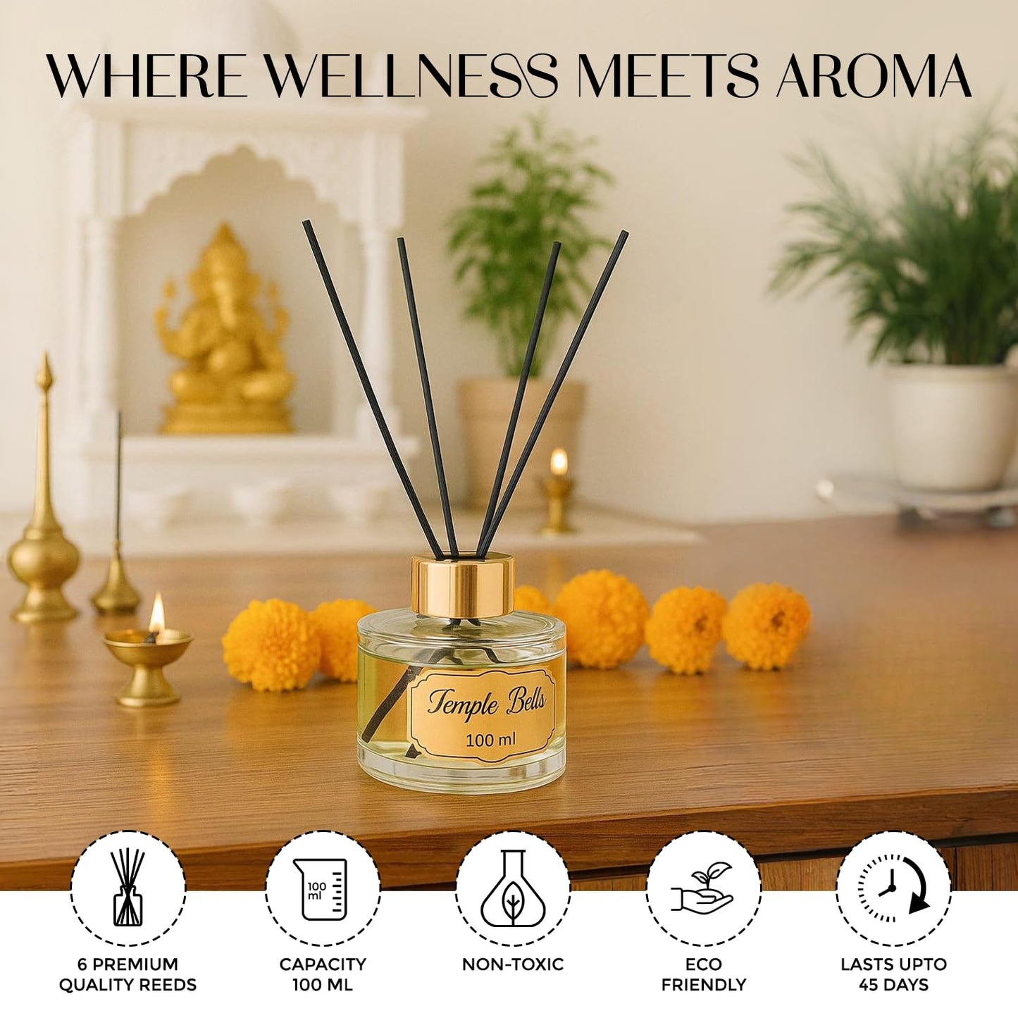 Welburn Veda&Co® Reed Diffuser (100ml),Clear Round Jar,Gold Coated Lid with 240mm Synthetic Reeds(6 No's),Ready to Use Oil Blend, Alcohol Free,Last for 45 Days -100ml Scented Reed Diffuser.
