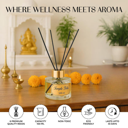Welburn Veda&Co® Reed Diffuser (100ml),Clear Round Jar,Gold Coated Lid with 240mm Synthetic Reeds(6 No's),Ready to Use Oil Blend, Alcohol Free,Last for 45 Days -100ml Scented Reed Diffuser.