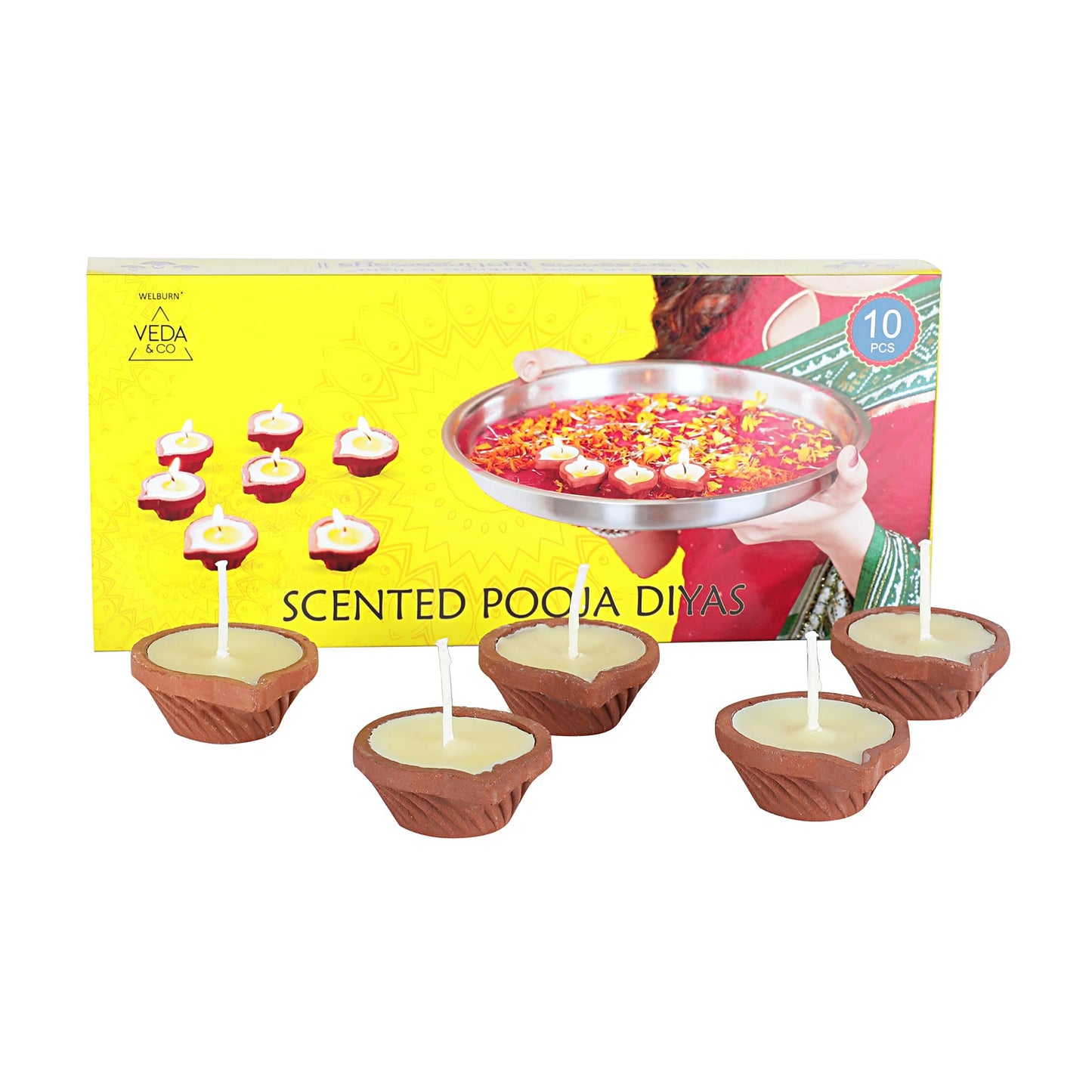 Welburn Veda&Co® Jasmine Scented Diya for Puja (10 Pieces), Clay Diya Batti with Cotton Wick, Upto 3hrs Burning Time, Ghee Blended Ready to Use Diyas, Premium Puja Fragrance - Scented Puja Diya