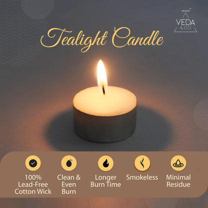 Welburn Veda&Co® Wax Unscented Tealight Candles Pack of 50 for Diwali Decoration | 5 Hours Burning Time | Paraffin Free & Smokeless | Candles for Home Decor, Offices & Special Occasions