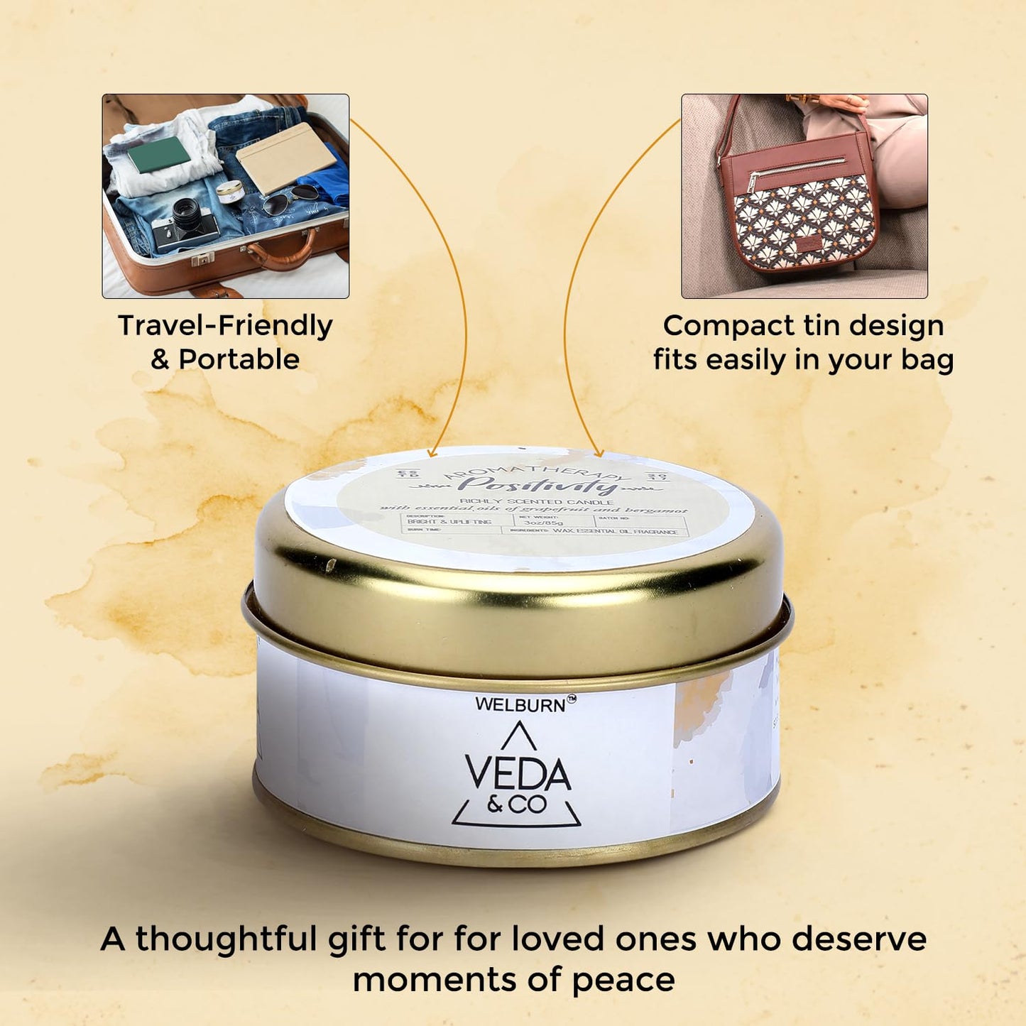 Welburn Veda&Co® Scented Wax Candle – Induces Positivity | Aromatherapy Travel Tin Candle for Home Décor & Relaxation | 100% Soy Wax | Long-Lasting 15 Hours Burn Time | 85gm Portable Jar Candle