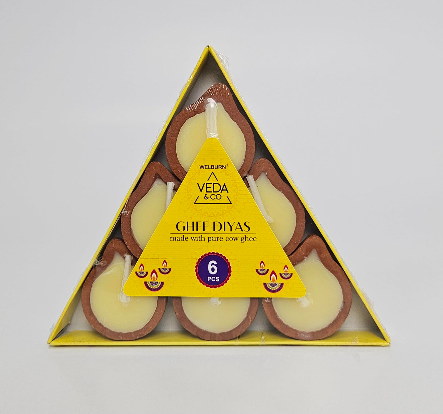 Welburn Veda&Co® Pure Cow Ghee Diya for Puja/Pooja - 6 Pieces | Upto 45 Minutes Burn Time | Ghee Blended Filled Clay Diya Batti | Ready to Use Diwali Diyas for Daily Pooja (6 Days Pack)