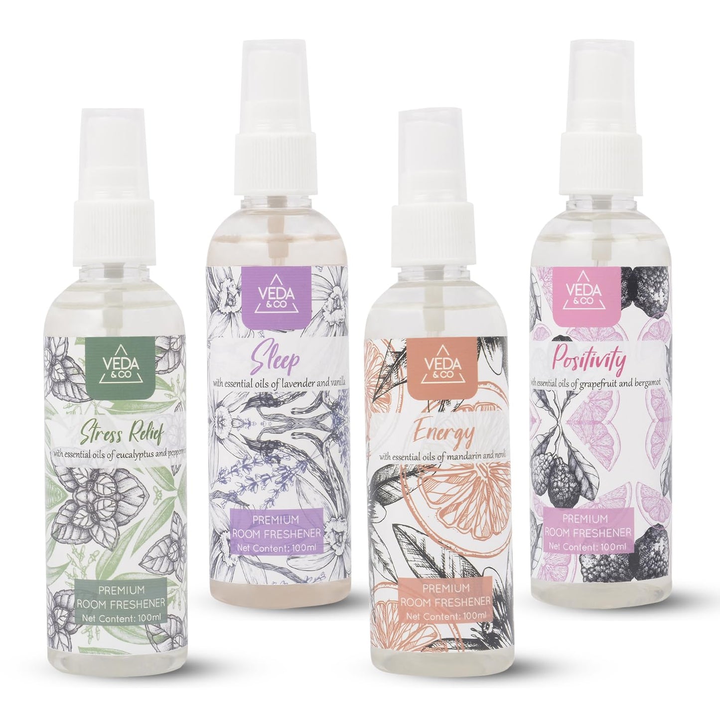 Welburn Veda&Co® Aromatherapy Room Freshener - Combo Pack of 4 (100ml each) | Induces Energy, Positivity, Sleep & Stress Relief | Long Lasting Air Freshener for Home, Office & Other Occasions