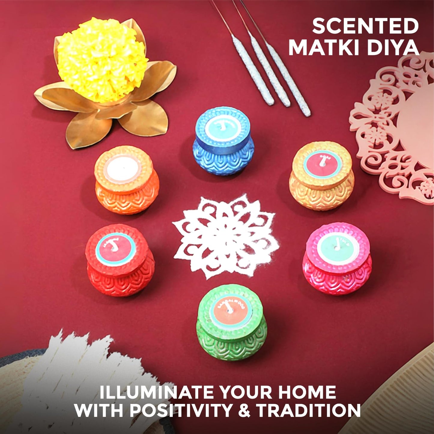 Welburn Veda&Co® Scented Decorative Matki Diya Set of 6 for Diwali Decoration & Puja | Upto 1.30hr Burning Time | Hand Painted Terracotta Clay Diya for Home Décor & Festive Gifting