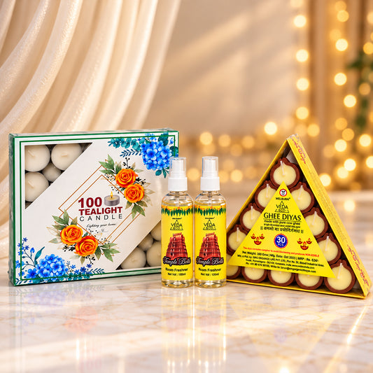 Ghee Diya (30 Pcs), Tealights (100 Pcs) & Puja Spray (2 Pcs) Combo