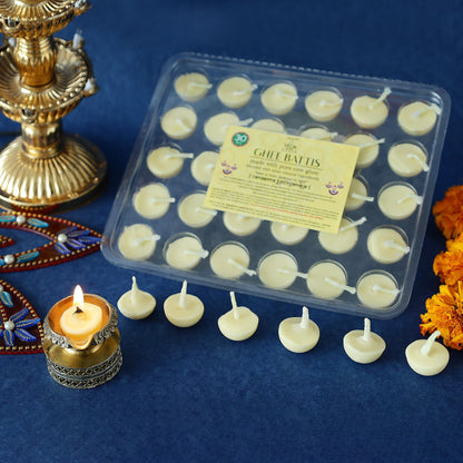 Welburn Veda&Co® Pure Cow Ghee Batti for Puja – 30 Pieces | Cotton Wick | 30-Min Burn | Ghee-Blended Diyas | One-Month Pack | for Home & Temple Use