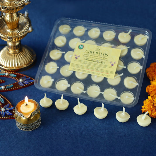 Welburn Veda&Co® Pure Cow Ghee Batti for Puja – 30 Pieces | Cotton Wick | 30-Min Burn | Ghee-Blended Diyas | One-Month Pack | for Home & Temple Use