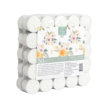 Welburn Veda&Co® Wax Unscented Tealight Candles Pack of 50 for Diwali Decoration | 8 Hours Burning Time | Paraffin Free & Smokeless | Candles for Home Decor, Offices & Special Occasions
