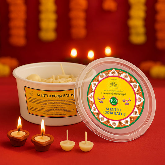 Welburn Veda&Co® Spritual Fragrance Cow Ghee Blend Batti Pack of 200 for Diwali Puja Hawan | Diya Batti with Cotton Wick | Long Burning | Ready to Use Pooja Batti for Pooja, Divine Worship