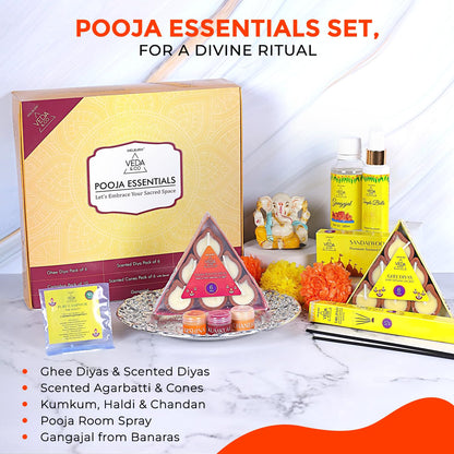 Welburn Veda&Co® Pooja Essentials Set | Diwali Pooja Samagri Kit | Combo for Deepawali | Spiritual Fragrance Diya & Agarbatti, Cones, Haldi, Kumkum, Chandan, Pooja Room Spray & Gangajal