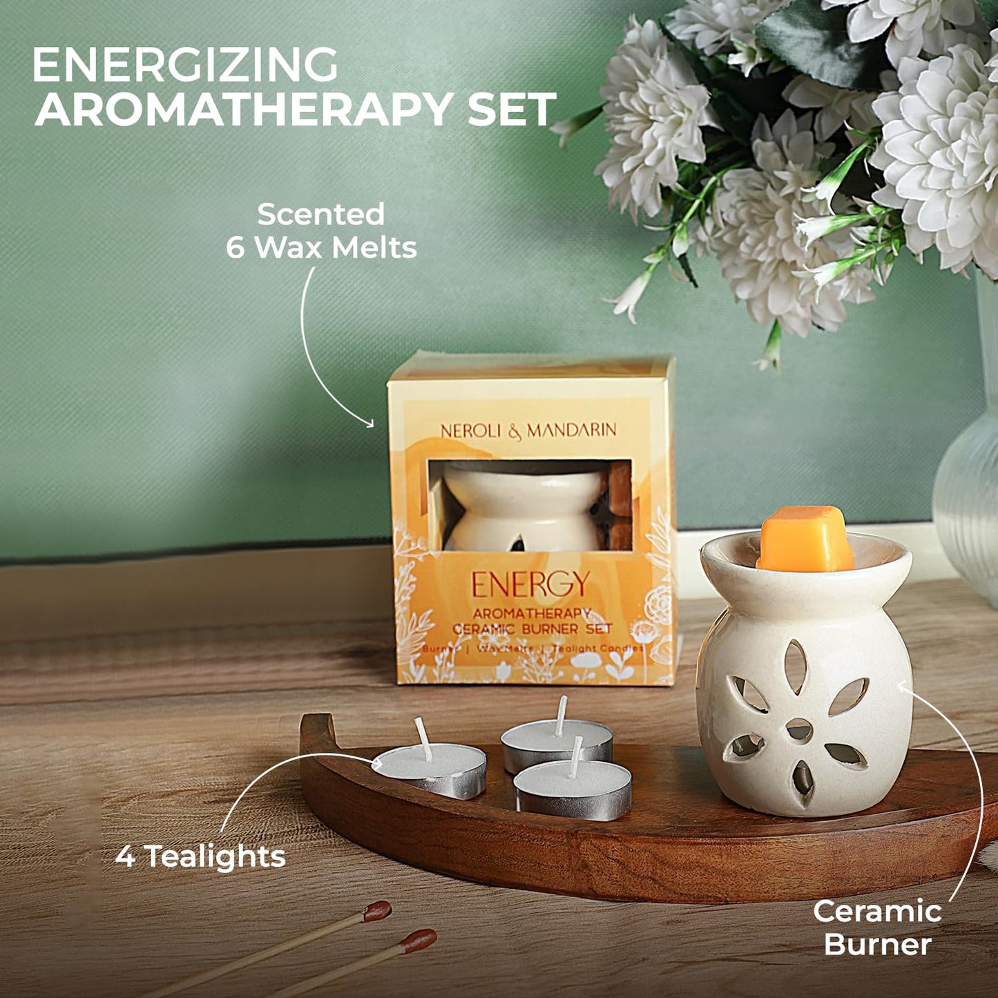 Welburn Veda&Co® Ceramic Burner Aromatherapy Diffuser Set – Scented Wax Melts & Tealights | Home Décor | Up to 30 Uses | Promotes Energy & Positivity