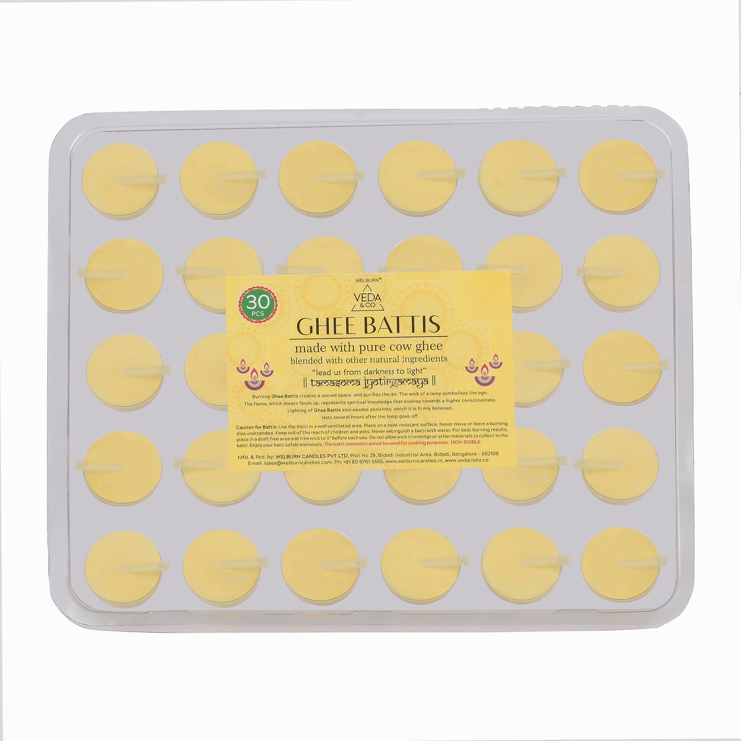 Welburn Veda&Co® Pure Cow Ghee Batti for Puja – 30 Pieces | Cotton Wick | 30-Min Burn | Ghee-Blended Diyas | One-Month Pack | for Home & Temple Use