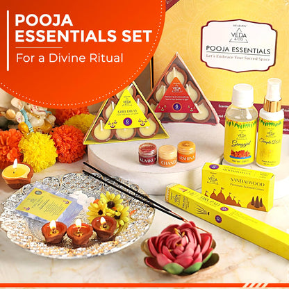 Welburn Veda&Co® Pooja Essentials Set | Diwali Pooja Samagri Kit | Combo for Deepawali | Spiritual Fragrance Diya & Agarbatti, Cones, Haldi, Kumkum, Chandan, Pooja Room Spray & Gangajal