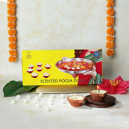 Welburn Veda&Co® Lavender Scented Diya for Puja (10 Pieces), Clay Diya Batti with Cotton Wick, Upto 3hrs Burning Time, Ghee Blended Ready to Use Diyas, Premium Puja Fragrance -Scented Puja Diya