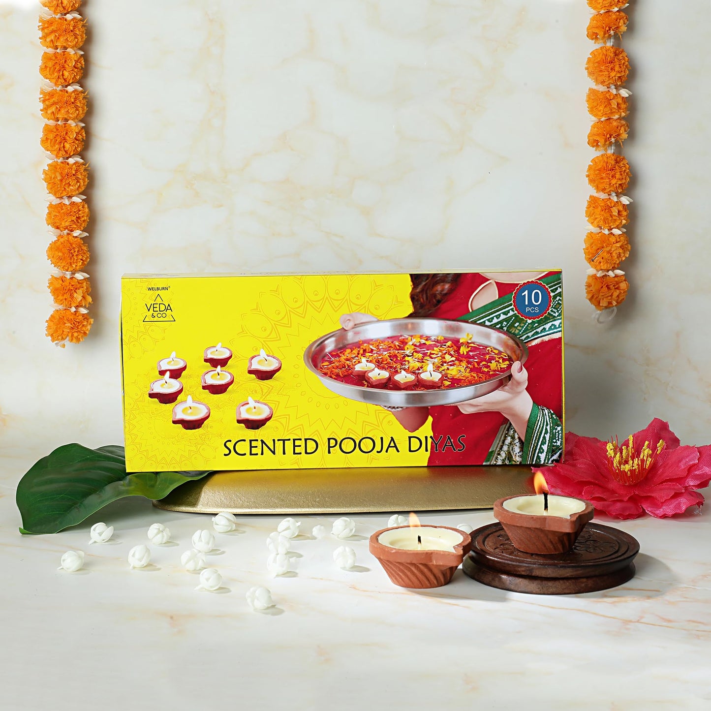 Welburn Veda&Co® Nagchampa Scented Diya for Puja (10 Pieces), Clay Diya Batti with Cotton Wick, Upto 3hrs Burning Time, Ghee Blended Ready to Use Diyas, Premium Puja Fragrance -Scented Puja Diya