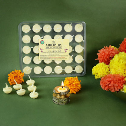 Welburn Veda&Co® Pure Cow Ghee Batti for Puja – 30 Pieces | Cotton Wick | 30-Min Burn | Ghee-Blended Diyas | One-Month Pack | for Home & Temple Use