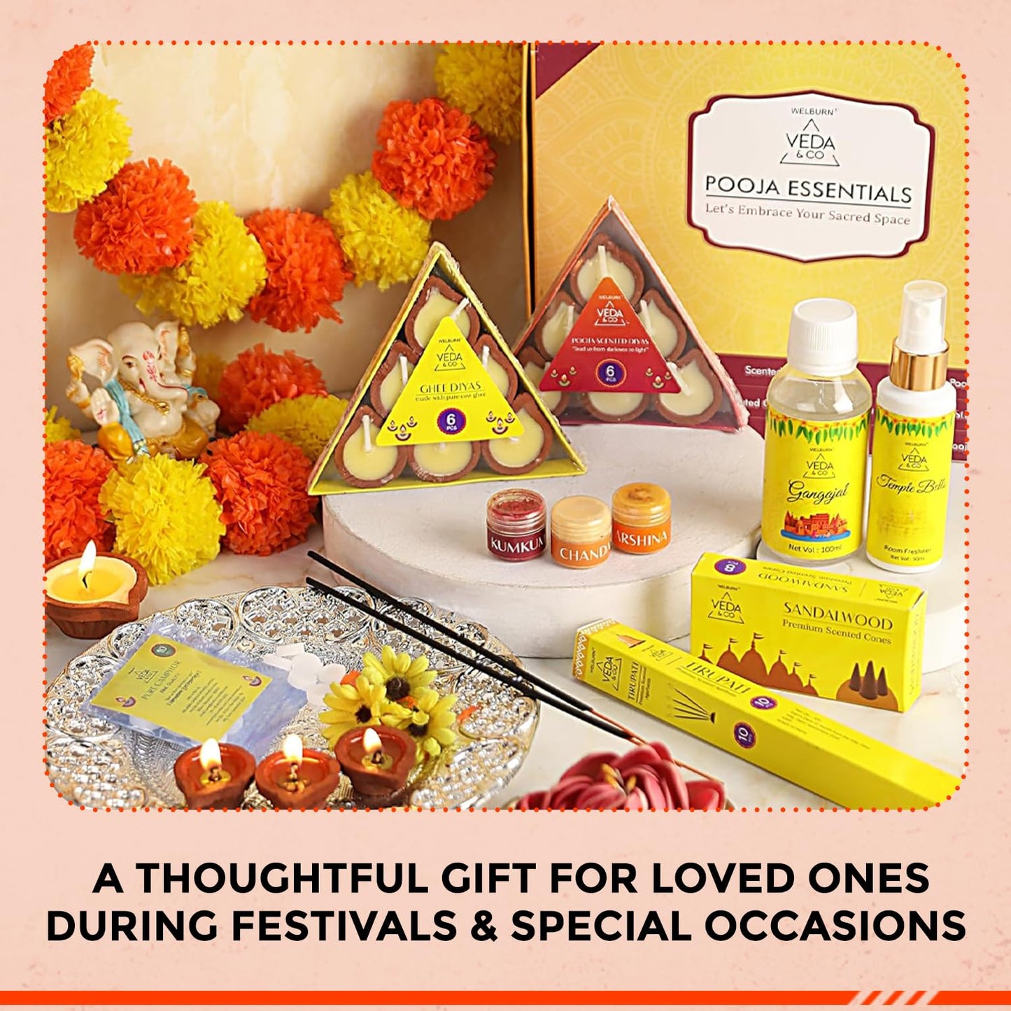 Welburn Veda&Co® Pooja Essentials Set | Diwali Pooja Samagri Kit | Combo for Deepawali | Spiritual Fragrance Diya & Agarbatti, Cones, Haldi, Kumkum, Chandan, Pooja Room Spray & Gangajal