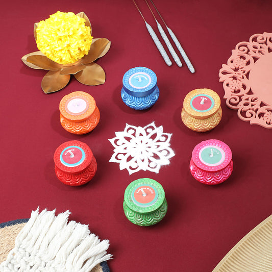 Welburn Veda&Co® Scented Decorative Matki Diya Set of 6 for Diwali Decoration & Puja | Upto 1.30hr Burning Time | Hand Painted Terracotta Clay Diya for Home Décor & Festive Gifting
