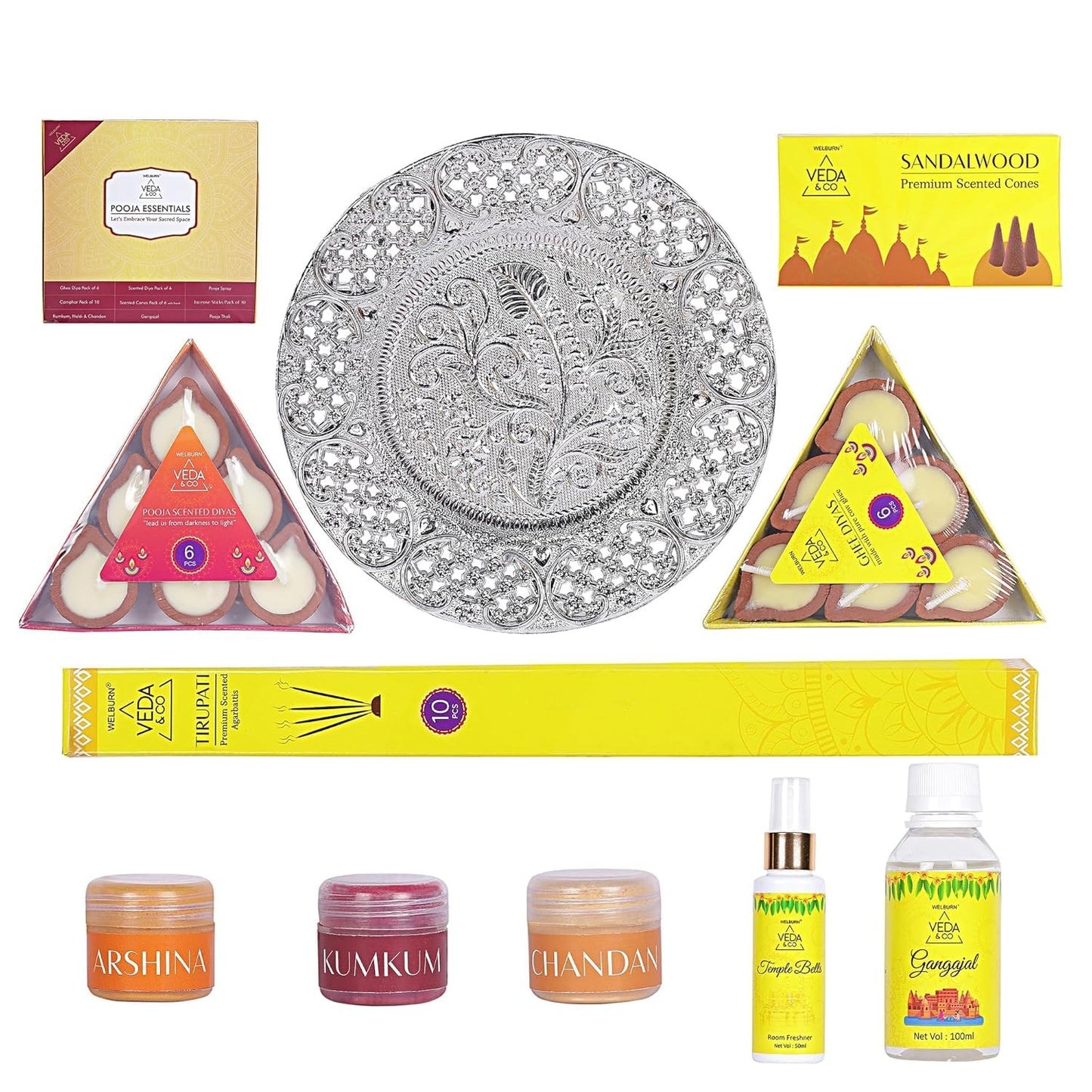Welburn Veda&Co® Pooja Essentials Set | Diwali Pooja Samagri Kit | Combo for Deepawali | Spiritual Fragrance Diya & Agarbatti, Cones, Haldi, Kumkum, Chandan, Pooja Room Spray & Gangajal