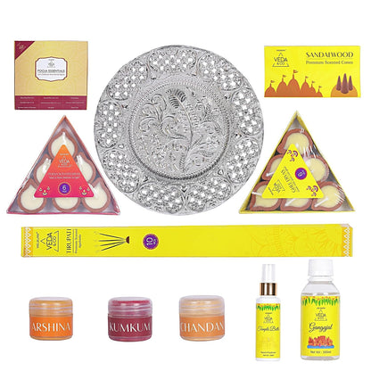 Welburn Veda&Co® Pooja Essentials Set | Diwali Pooja Samagri Kit | Combo for Deepawali | Spiritual Fragrance Diya & Agarbatti, Cones, Haldi, Kumkum, Chandan, Pooja Room Spray & Gangajal