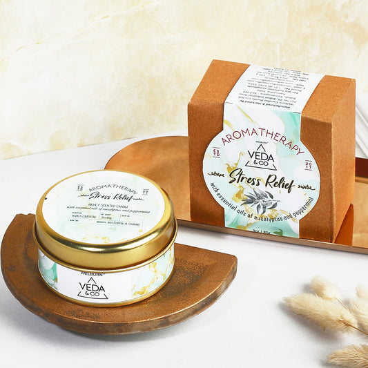 Welburn Veda&Co® Scented Wax Candle – Stress Relief | Aromatherapy Travel Tin Candle | 100% Natural Soy Wax | Relaxing Stress-Relieving Fragrance | 15 Hours Burn Time | 85gm Travel Candle