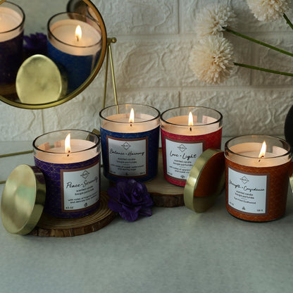 Welburn Veda&Co™ Scented Wax Candle - Set of 4 (30 Hours Burn Time, 128gm), Jar Candle with Gold Metal Lid, Mind & Body Collection, Fully Refined Paraffin Wax, Smokeless, for Home Décor, Offices