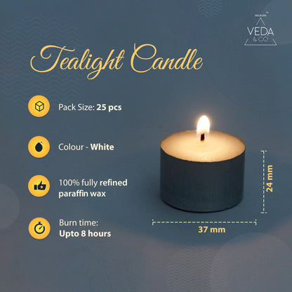 Welburn Veda&Co® Wax Unscented Tealight Candles Pack of 25 for Diwali Decoration | 8 Hours Burning Time | Paraffin Free & Smokeless | Candles for Home Decor, Offices& Special Occasions