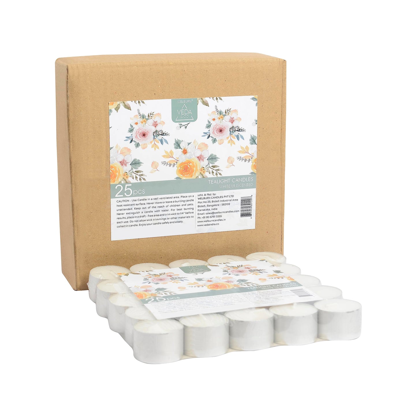 Welburn Veda&Co® Wax Unscented Tealight Candles Pack of 25 for Diwali Decoration | 8 Hours Burning Time | Paraffin Free & Smokeless | Candles for Home Decor, Offices& Special Occasions