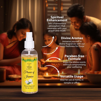 Welburn Veda&Co® Long-Lasting Jasmine & Golden Flower Room Freshener – 100ml Each (Pack of 2) | Air Freshener Spray for Puja Room, Home, Office & Living Spaces – Floral Aroma