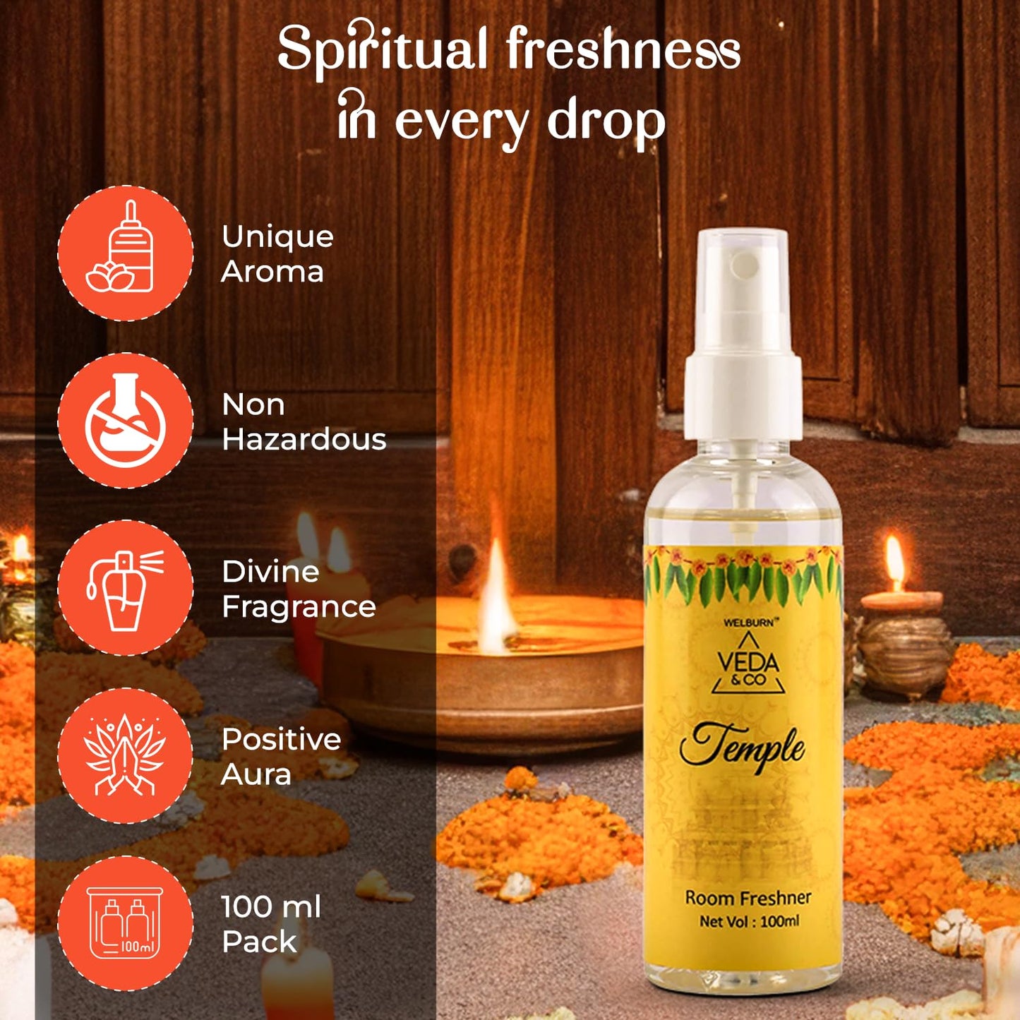 Welburn Veda&Co® Room Freshener for Puja – 100ml (Pack of 1) | Temple Fragrance | Long-Lasting Air Freshener for Home, Office & Daily Use