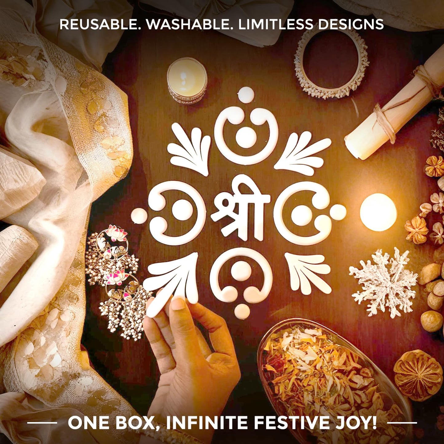 Varnika by Welburn Veda&Co® Reusable Rangoli Kit (120 Piece) for Diwali Decoration, Navratri & Pooja & Floor Decor | Indian Festive Floor Art for Festive Gifting | Washable DIY Rangoli Set