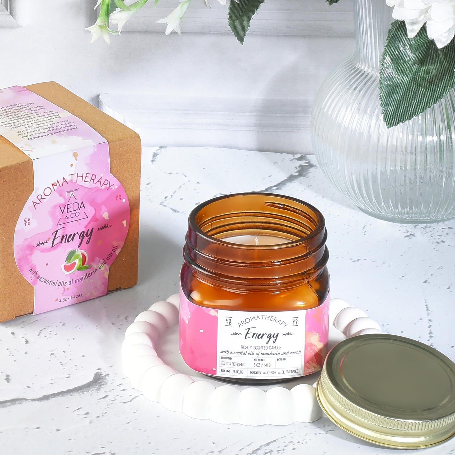 Welburn Veda&Co® Scented Wax Candle - Energy | Aromatherapy Jar Candle for Home Decor | Enhance Your Mood | Enhance Your Space with Soothing Scents (35 Hours Burn Time, 141gm),